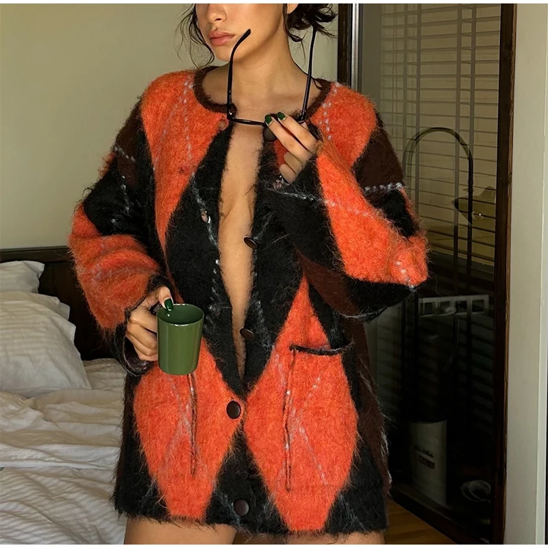 Mohair O-neck Contrast Color Knit Sweater Women Geometry Print Long Sleeve Loose Single-breasted Knitwear Lady All-match Top _