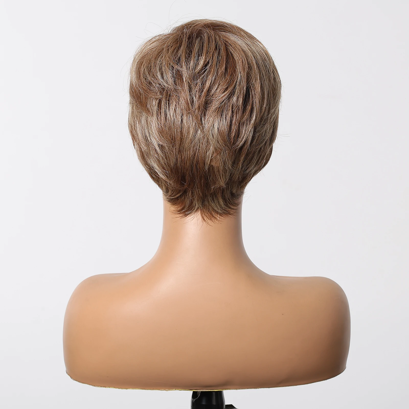 Short Straight Fashion Blend Human Hair Wigs Chestnut Brown Pixie Cut Human Hair with Bangs Women Soft Machine Made