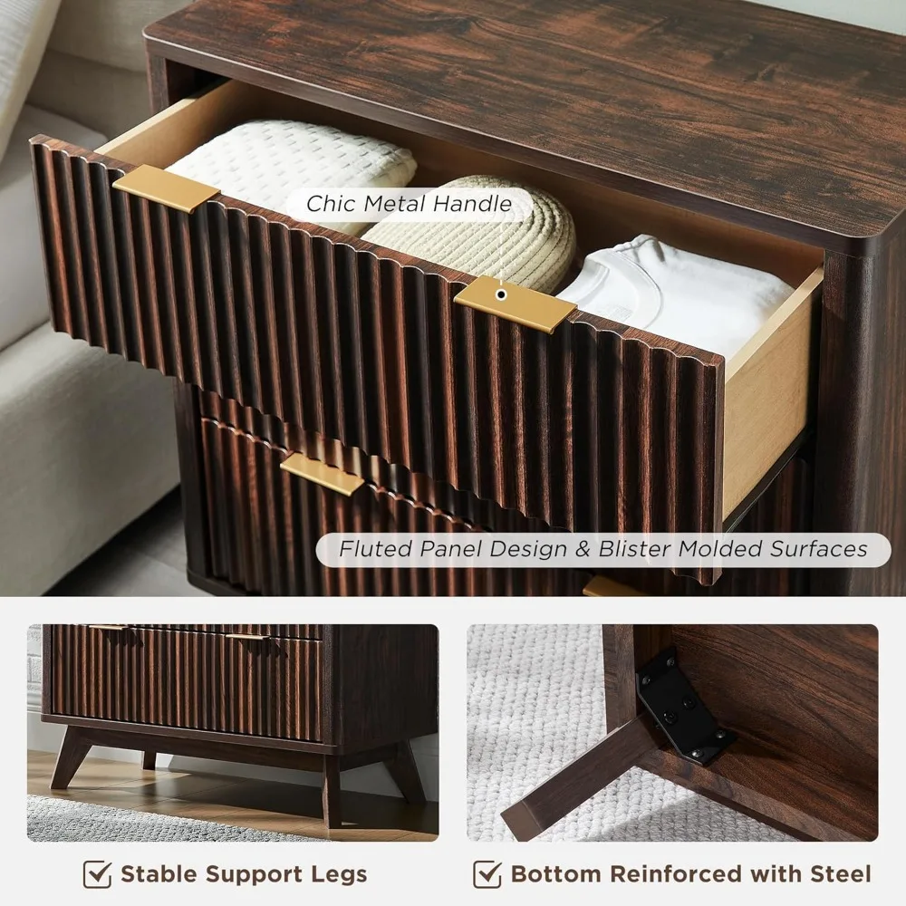 32" Tall Fluted Nightstand Set of 2, Modern Side Table, 3 Drawers End Table w/Storage, Bedside for Bedroom, Nightstands 6