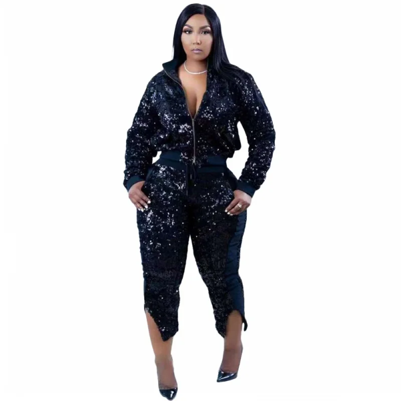 Two Piece Set Women Sets Fashion Zipper Sequins Turn-down Collar Long Sleeve Black Jacket Top And Elastic Waist Pants Suit