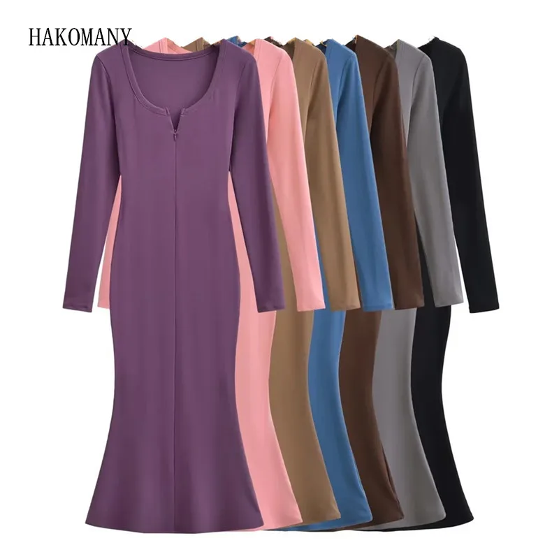 

2023 Women Full Sleeve Stretch Basic Bodycon Ruffles Hem Fishtail Robe Sexy Open Zipper Knitted Cotton Midi Long Mermaid Dress