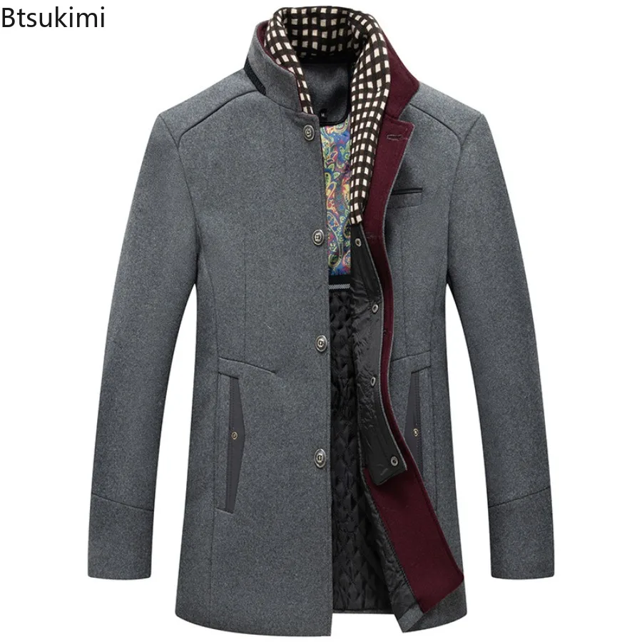 2024 Men's Autumn Winter Wool Blends Coat Business Casual Cashmere Trench Coats Fashion Scarf Collar Man Warm Woolen Overcoats