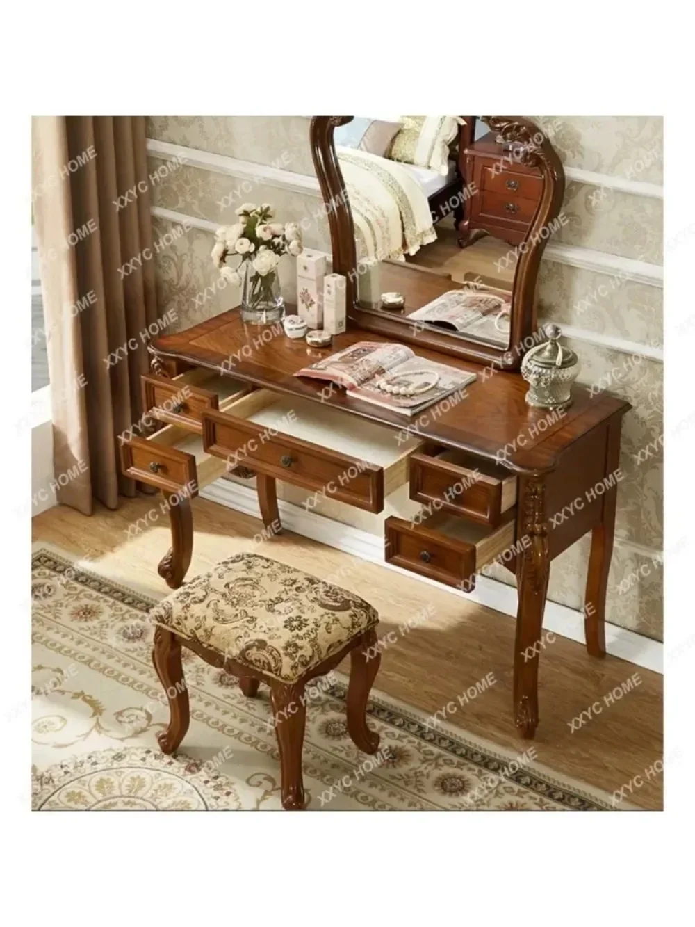 2024 American Dressing Table Bedroom Vintage Upscale Makeup Table European Solid Wood Carved Dresser Makeup Mirror Combination - Image 2