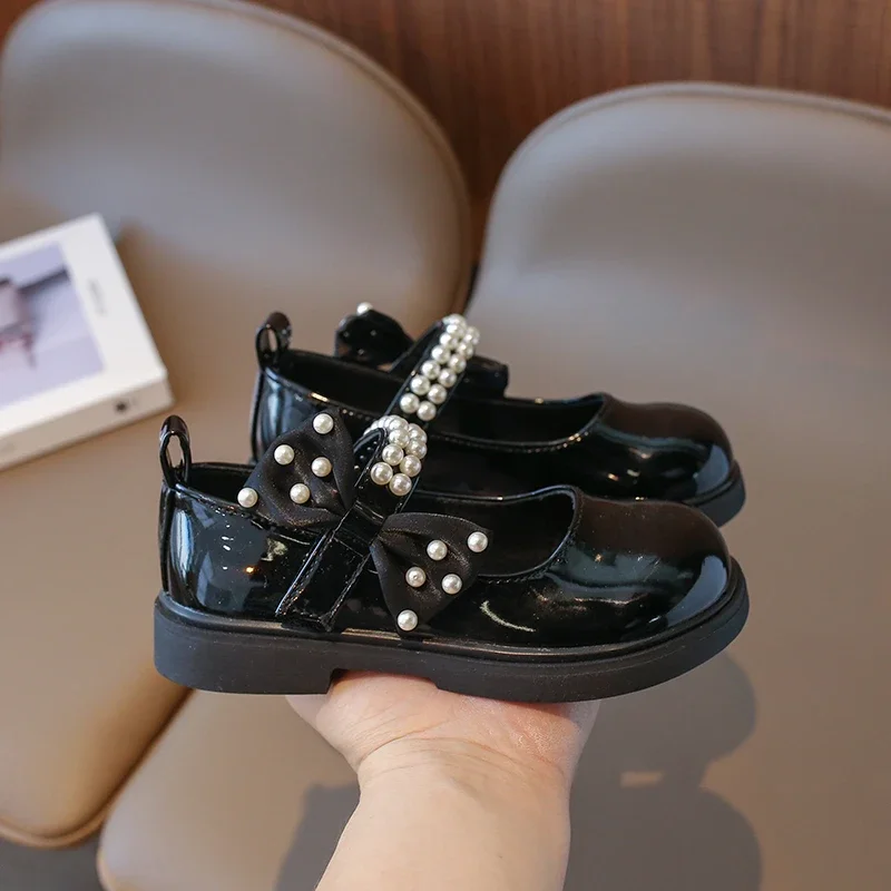 

Girl's Leather Shoes 2024 Spring New Black Performance Loafers for Princess Mary Jane Shoes Children Fashion Casual Side Bow PU