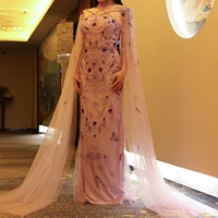 Luxury Dubai Lilac Arabic Evening Dresses with Cape Sleeves Criss Cross Elegant Arab Women Wedding Party Gowns 370 1