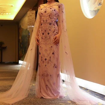 Luxury Dubai Lilac Arabic Evening Dresses with Cape Sleeves Criss Cross Elegant Arab Women Wedding Party Gowns 370 2