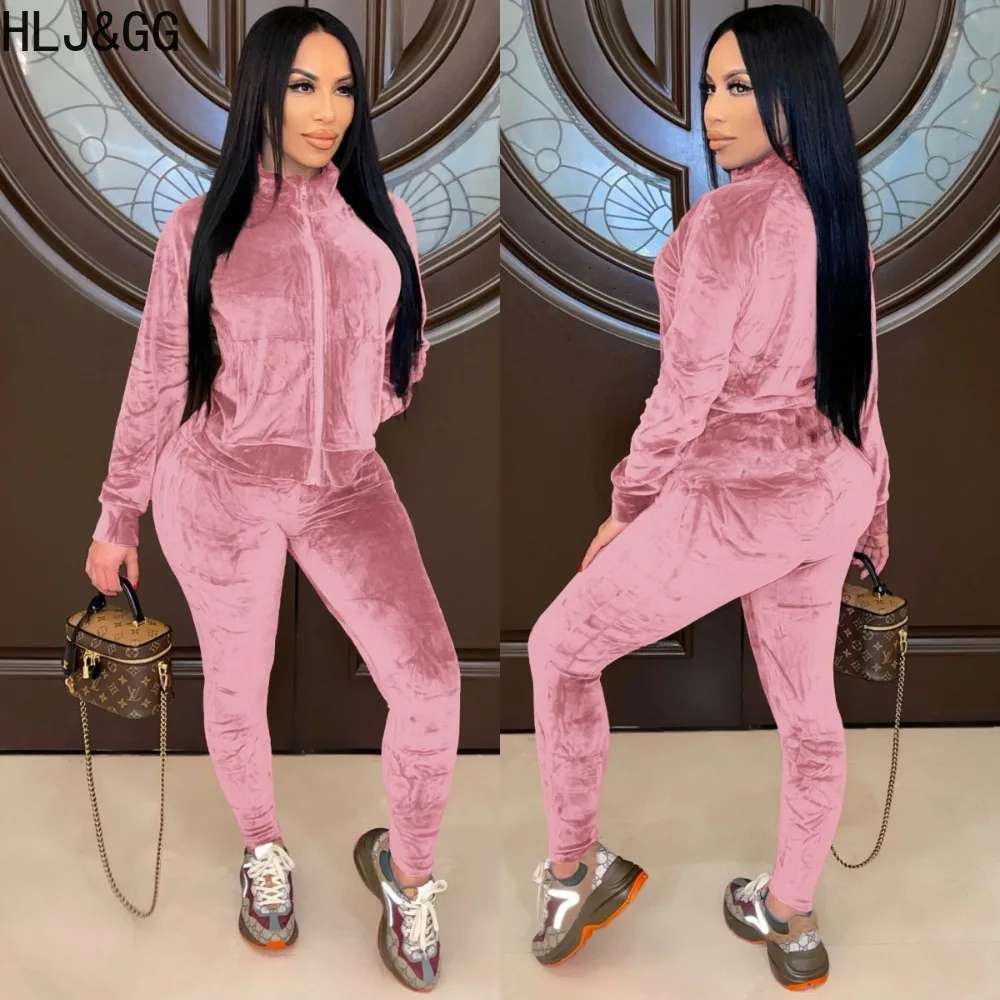 HLJ&GG Autumn Winter Velvet Jogger Pants Two Piece Sets Women Zipper Long Sleeve Coats And Pants Tracksuits Female 2pcs Outfits