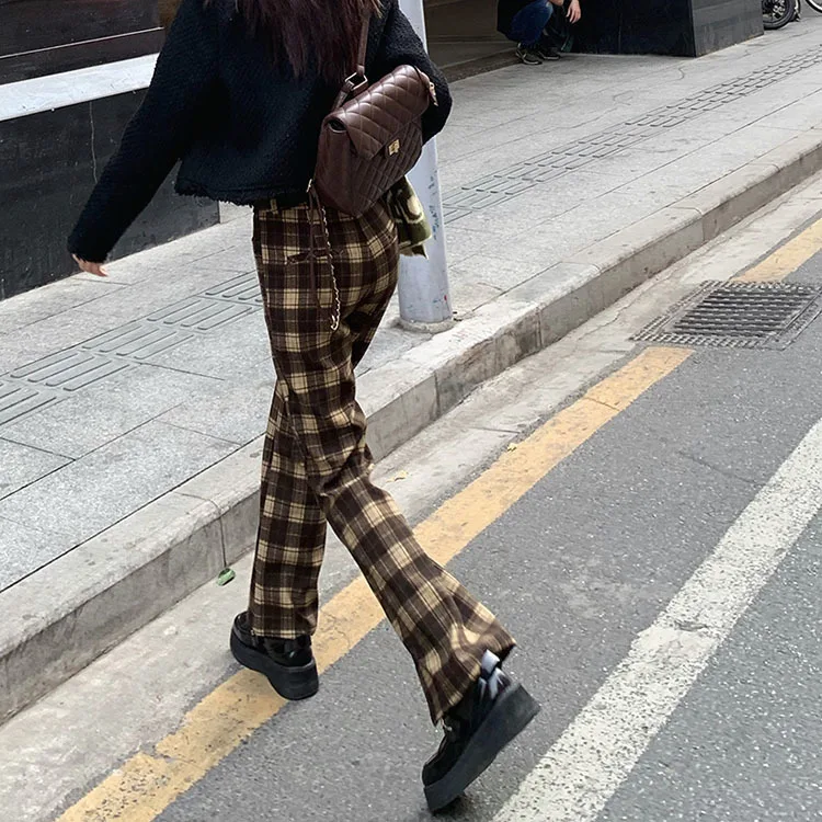 slacks Spring Vintage Pants Women High Waist Plaid Pattern Printed Button Flare Pants Summer 2022 New Fashion cargo pants for women