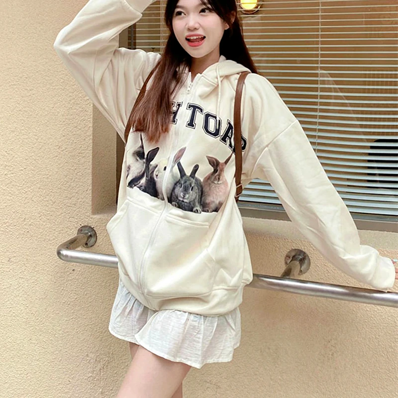 

Korean Designer Lovely Rabbit Animal Pattern Hoodie Jackets Zipper Loose Oversized Sweatshirt Coats College Girls Kawaii Clothes
