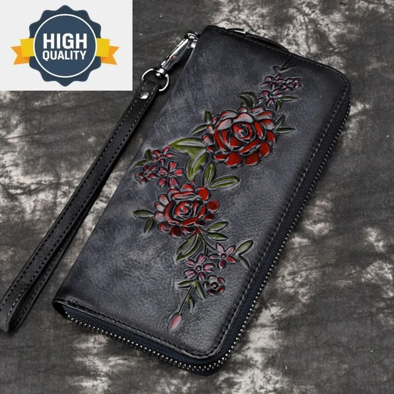 

Natural Skin Women Long Wallet Money Handy Bag ID Card Holder Embossed Floral Genuine Leather Zipper Clutch Wrist Bags Purse