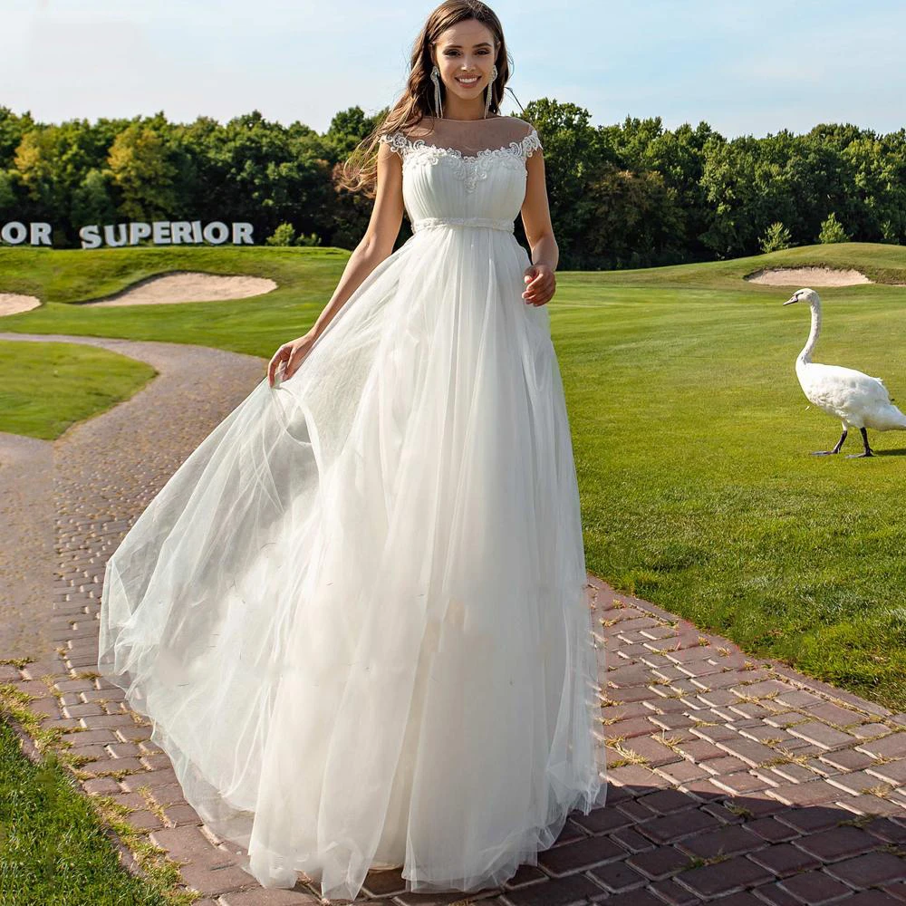 

I OD Elegant Scoop Wedding Dresses Cap Sleeves 3D Flower Backless Lace Up Tulle A-Line Bridal Gown Sweep Train Floor Length New