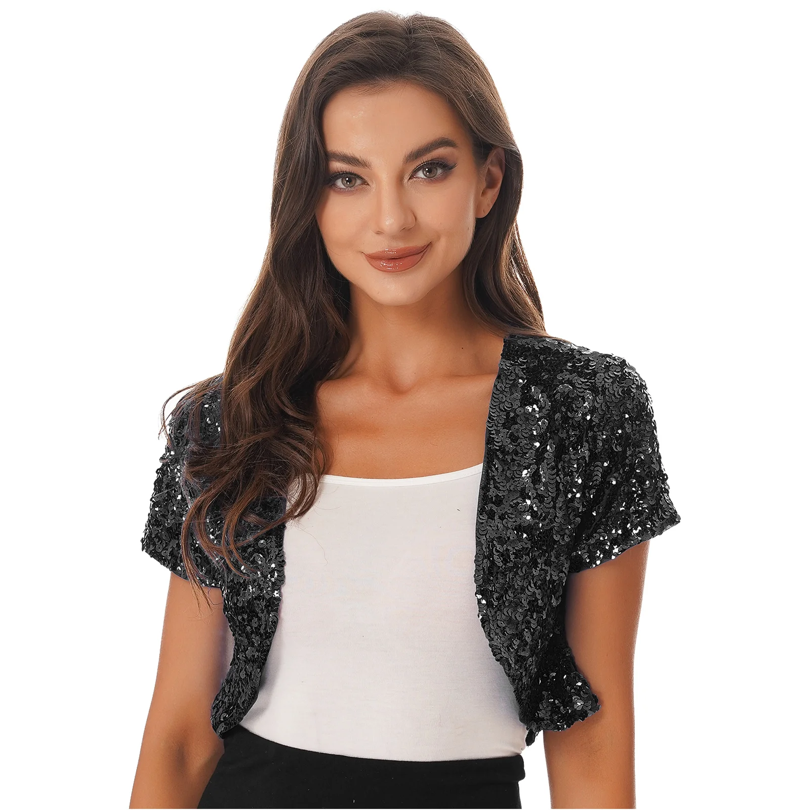 Pailletten Frauen Kurzarm Kurzen Mantel Glänzenden Tanz Top Bolero