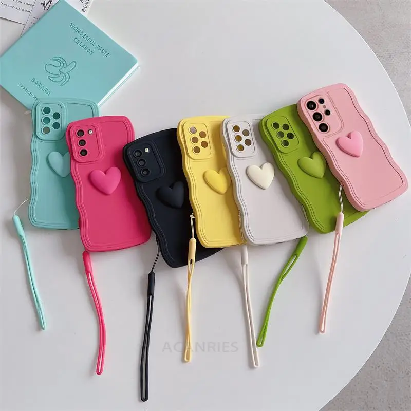 Love Heart Wavy Wrist Strap Silicone Phone Case with Lanyard Cover