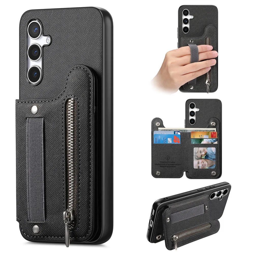 Zipper Card Slot Leather Wallet Case with Elastic Rope Wrist Strap