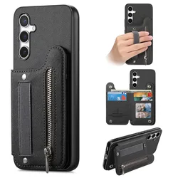 Zipper Card Slot Leather Wallet Case with Elastic Rope Wrist Strap - Galaxy A04 (Black)