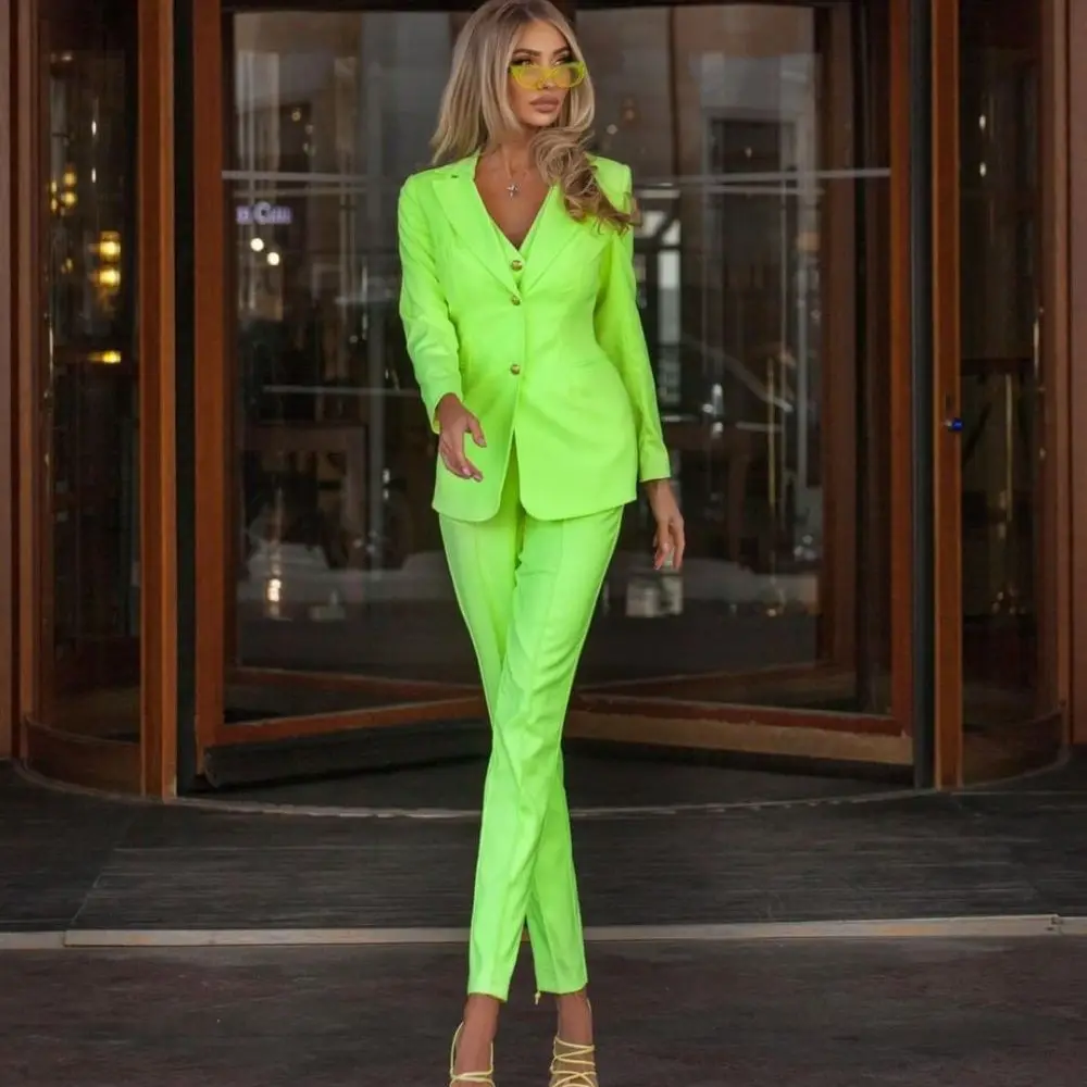Bright Green Slim Women Pants Suits Ladies Prom Evening Guest Formal Wear Custom Made (Jacket+Vest+Pants)