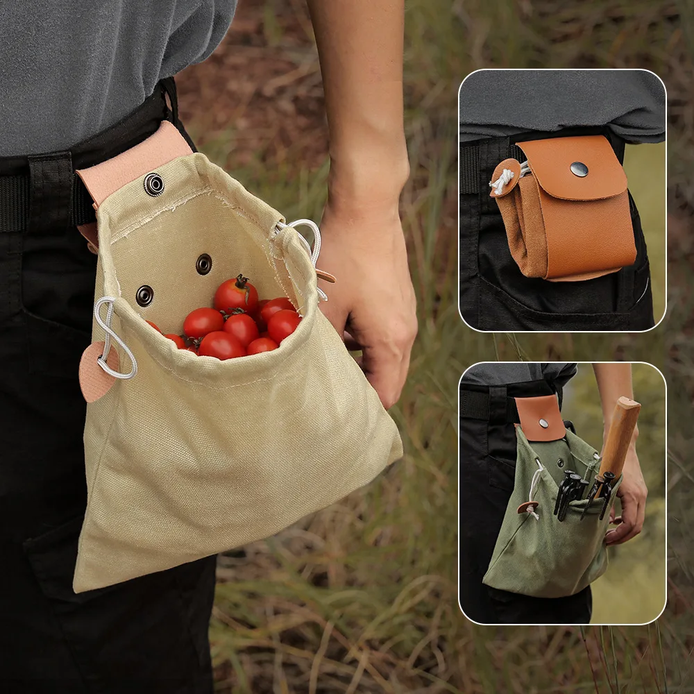 

Hiking Camping Tool Bag Outdoor Foraging Bag Fruit Picking Harvest Pouch Collapsible Berry Puch Storage Leather Canvas