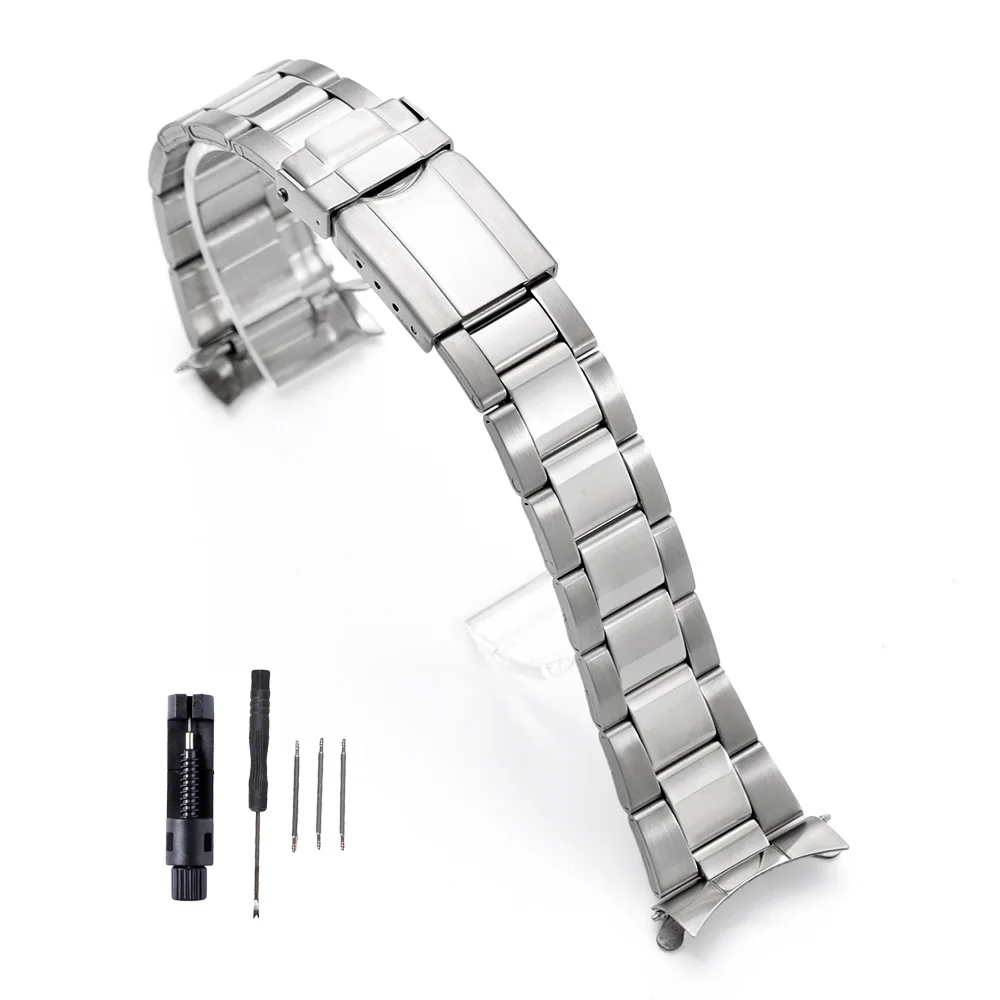 Men's Stainless Steel Curved End Sports Watch Strap with Universal Folding Buckle