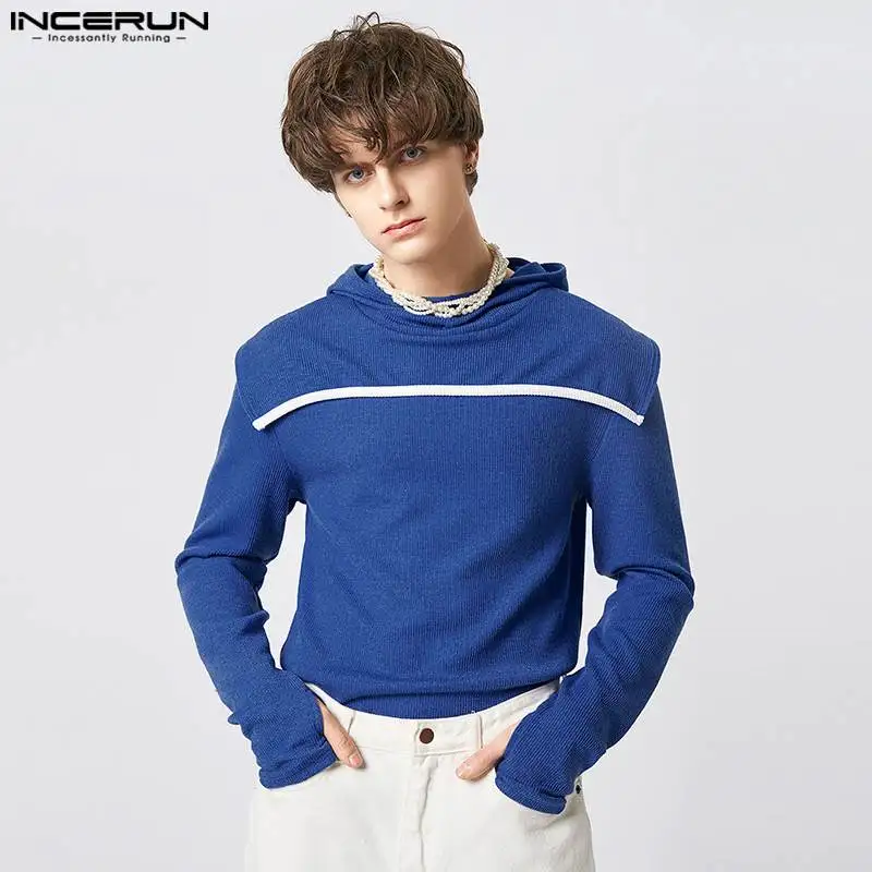 

Fashion Casual Style Tops INCERUN Men's Striped Patchwork Hoodies Handsome Male Hot Sale Long-sleeved Hooded Sweater S-5XL 2023