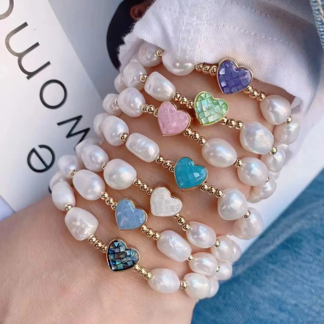 

5Pcs 2022 Fashion Heart Shell Gemstone Bracelet, Natural Pearl Beaded Bracelet Charm, Adjustable Elastic bracelet