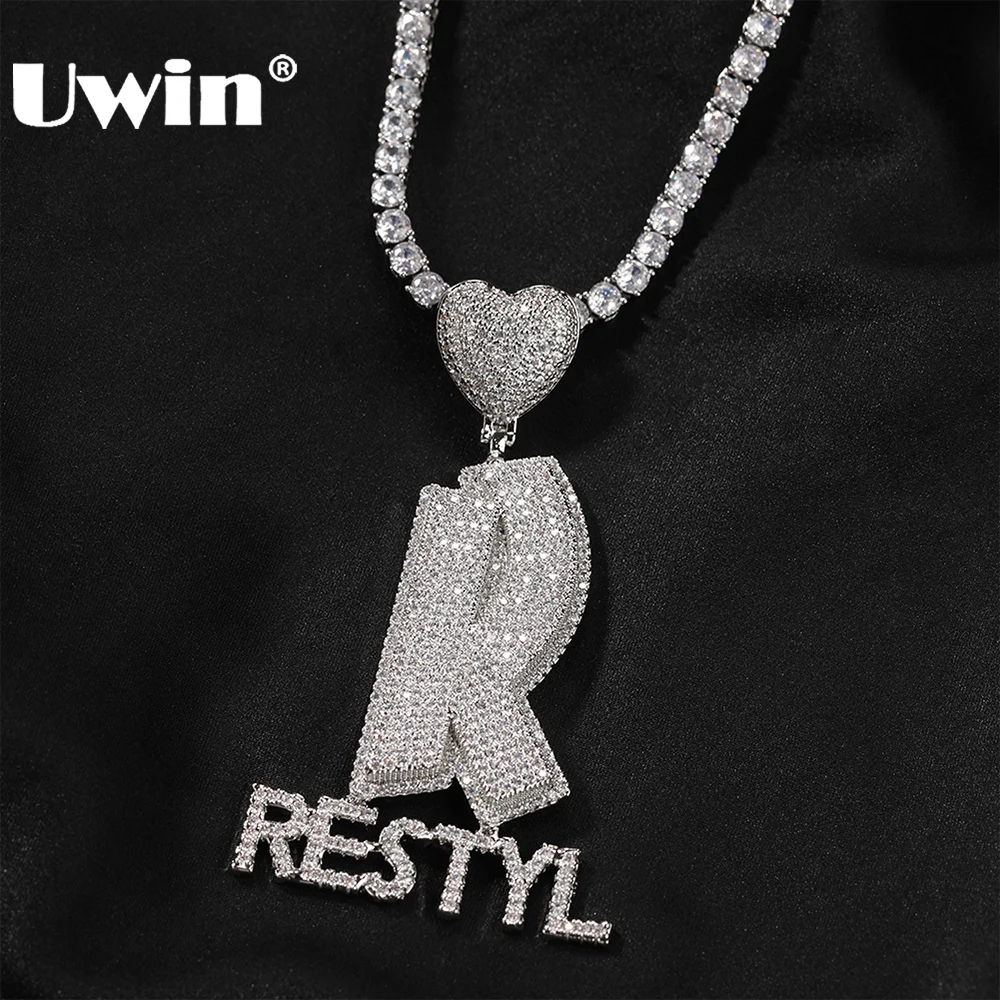 

UWIN Customized Stacked Names Pendant for Men Women Iced Out Cubic Zirconia Letters Charms with Heart Bail Fashion Jewelry