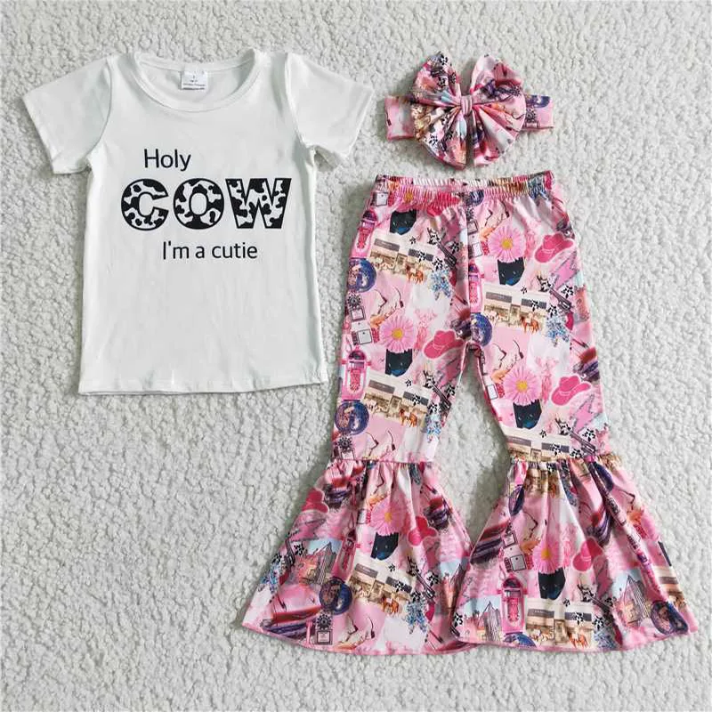 

Toddler Summer Popular White Letters Print Top With Bell Bottom Pants Wholesale Baby Girls Children Boutique Outfits Clothing