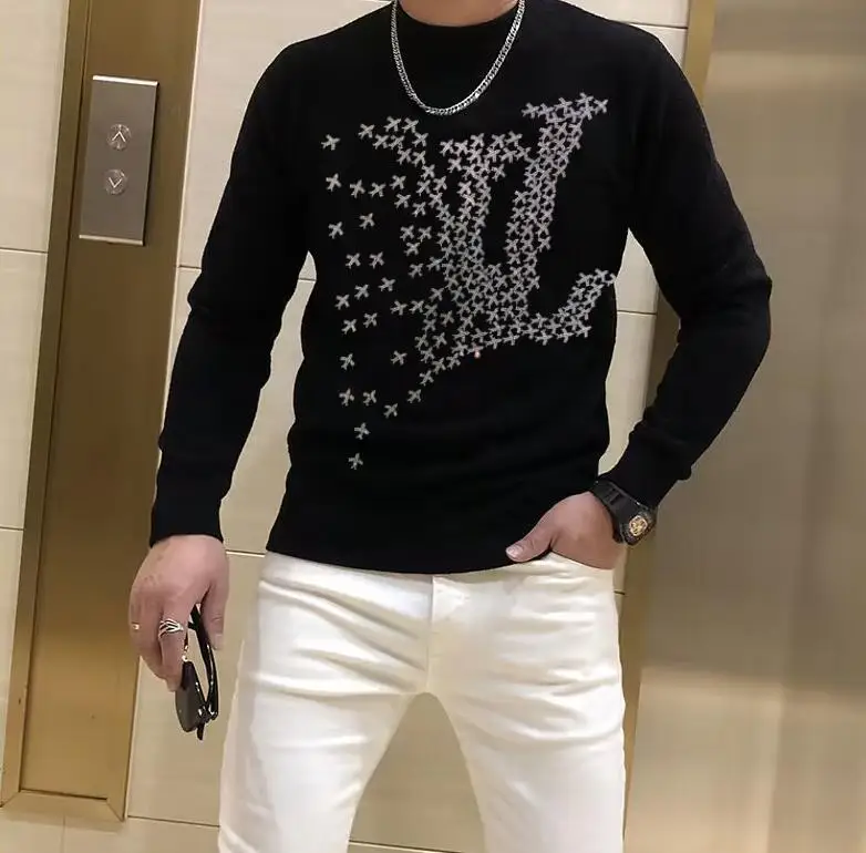 

O-Neck Solid BORUNKE Pullover sweater Rhinestones Top High Quality Men Tops Male Brand Hip Hop drop shipping