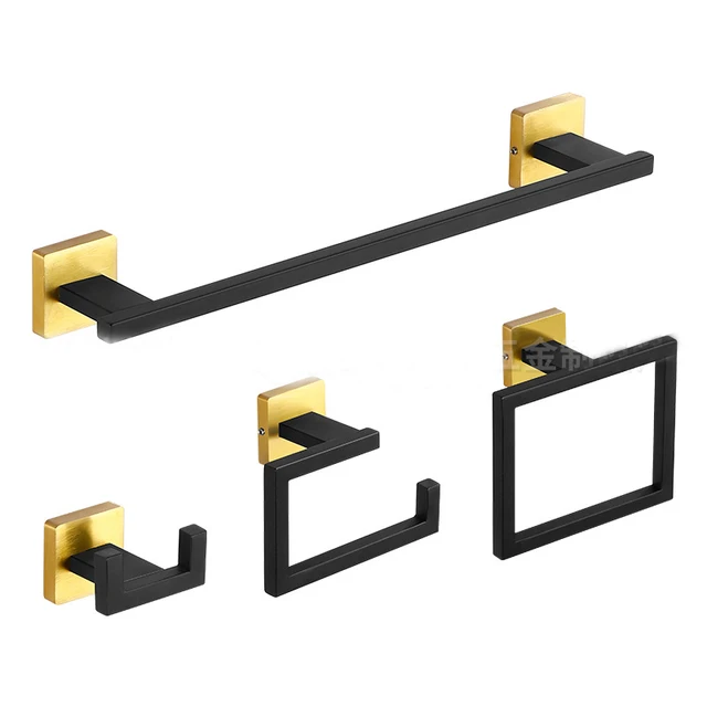 สีดําทองสแตนเลสอุปกรณ์ห้องน้ําชุดผ้าเช็ดตัวห้องน้ําชั้นวางกระดาษเสื้อผ้าตะขอคู่ผ้าเช็ดตัวแหวนRack Square Brushed 1