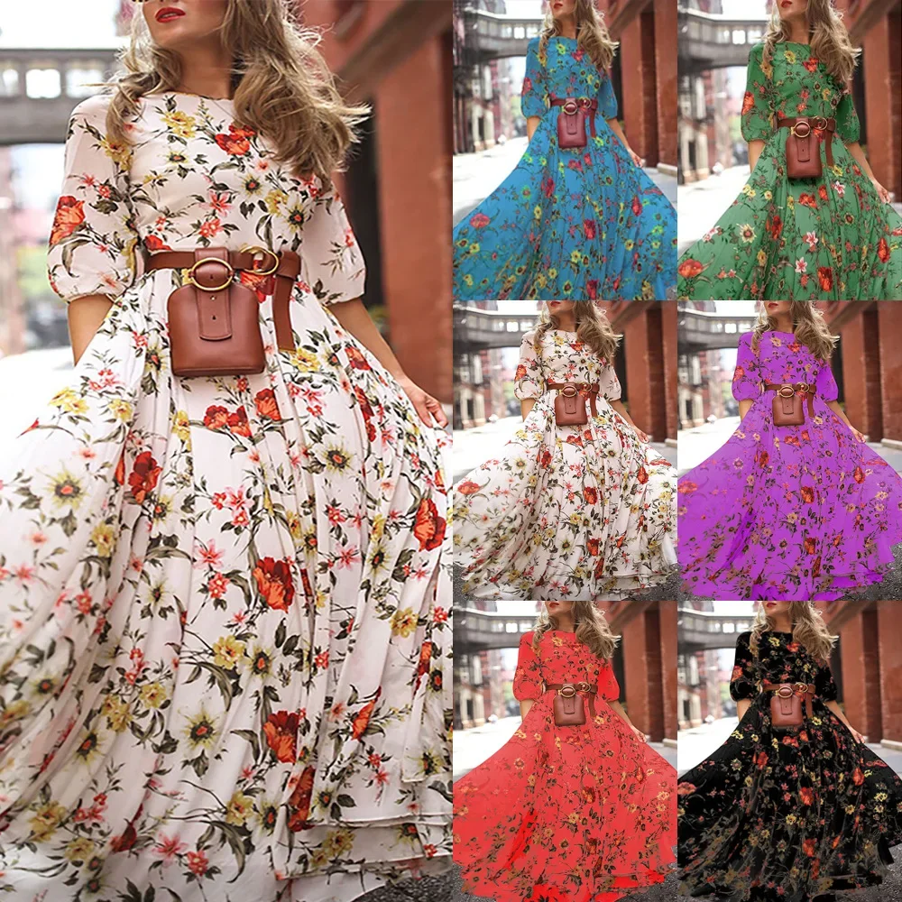 

2024 Spring and autumn Europe and the United States new dress printed big swing temperament chiffon floral slim-fit dress