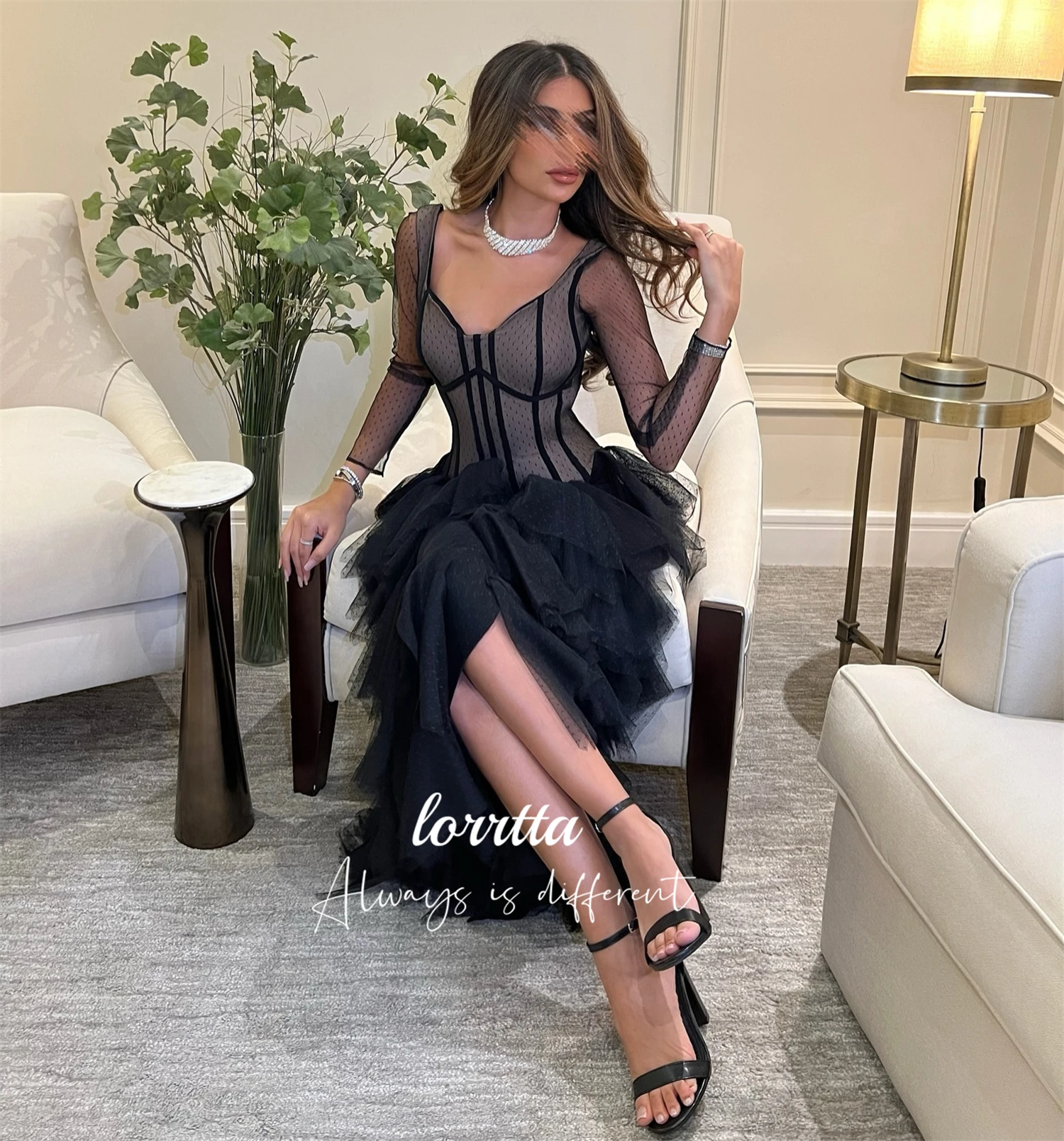 فستان حفلات مسائي مخصص تنورة منتفخة بأكمام طويلة ر...