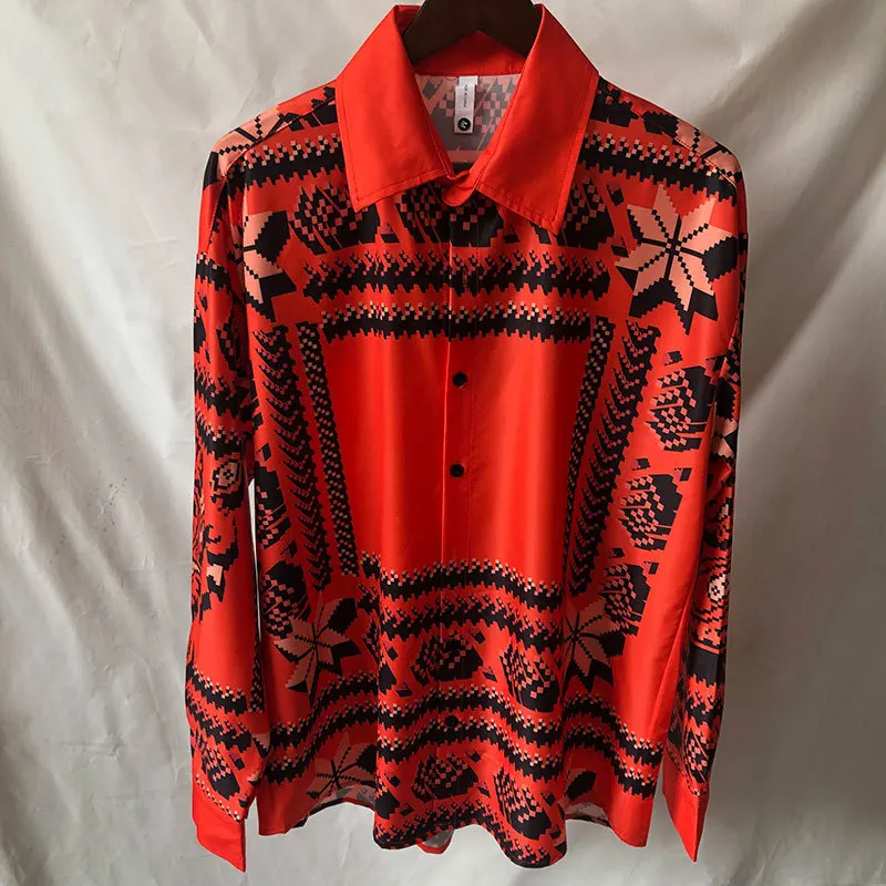 

2023 Men Hawaiian Shirt Color Contrast Geometric Pattern Contrasting Colors Print Long Sleeve Shirt Holiday Casual Loose Clothes