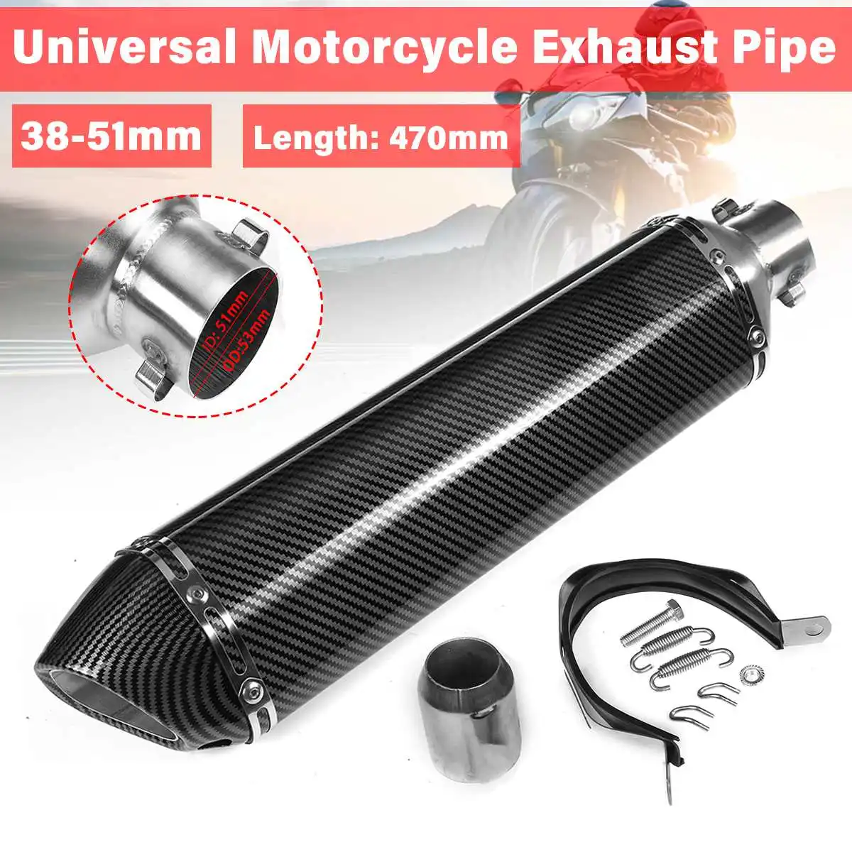 

470mm Universal Motorcycle Exhaust Muffler Pipe 51mm Slip-on Exhaust Tip Carbon Styling Tail Tube For Honda/Yamaha/Suzuki