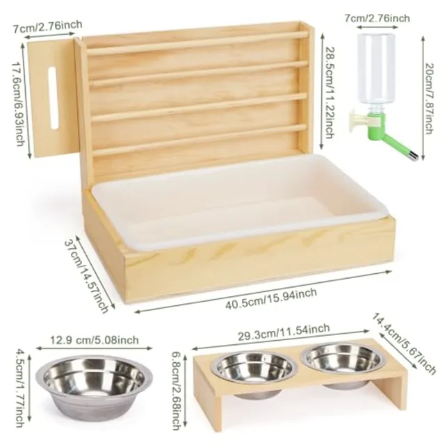 4 in 1 Rabbit Hay Feeder with Litter Box Small Animals Hay Rack with Water Bottle and 2 Bowls Wooden Bunny Hay Holder Feeder To