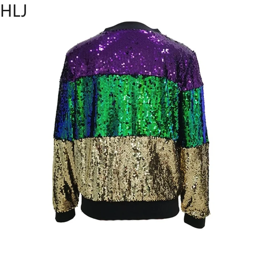HLJ Fashion Sequin Splicing Zipper Jacket Women V Neck Long Sleeve Slim Coats Spring New Female Party Club Matching Top Clothing