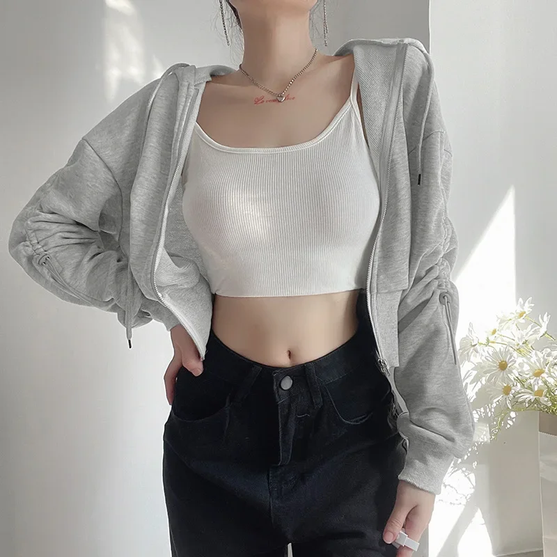 2023 Drawstring Long Sleeve Casual Loose Short Zipper Hooded Sweater Coat Solid Color Loose Casual Sweatshirt Sexy Streetwear