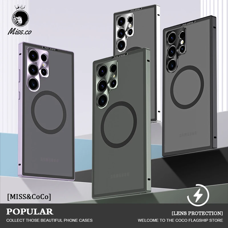 Metal Frame Aluminum Phone Case For Samsung Galaxy S23 S22 Ultra Plus Magnetic Wireless Charge Matte Skin Feel Backboard Cover