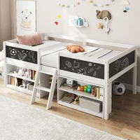 Children Beds, Low Loft Twin Size, Wooden Loft Bed with Ladder Blackboard, 2-Step Ladder, 4 Chalkboards, 2 Moveable Bookcases 1