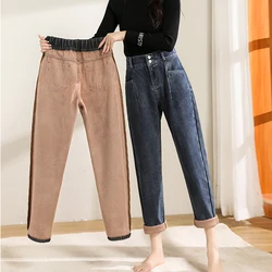 Moda além de veludo densamente jeans para a mulher solta cintura alta botão harem calças femininas inverno novo quente casual calças femininas