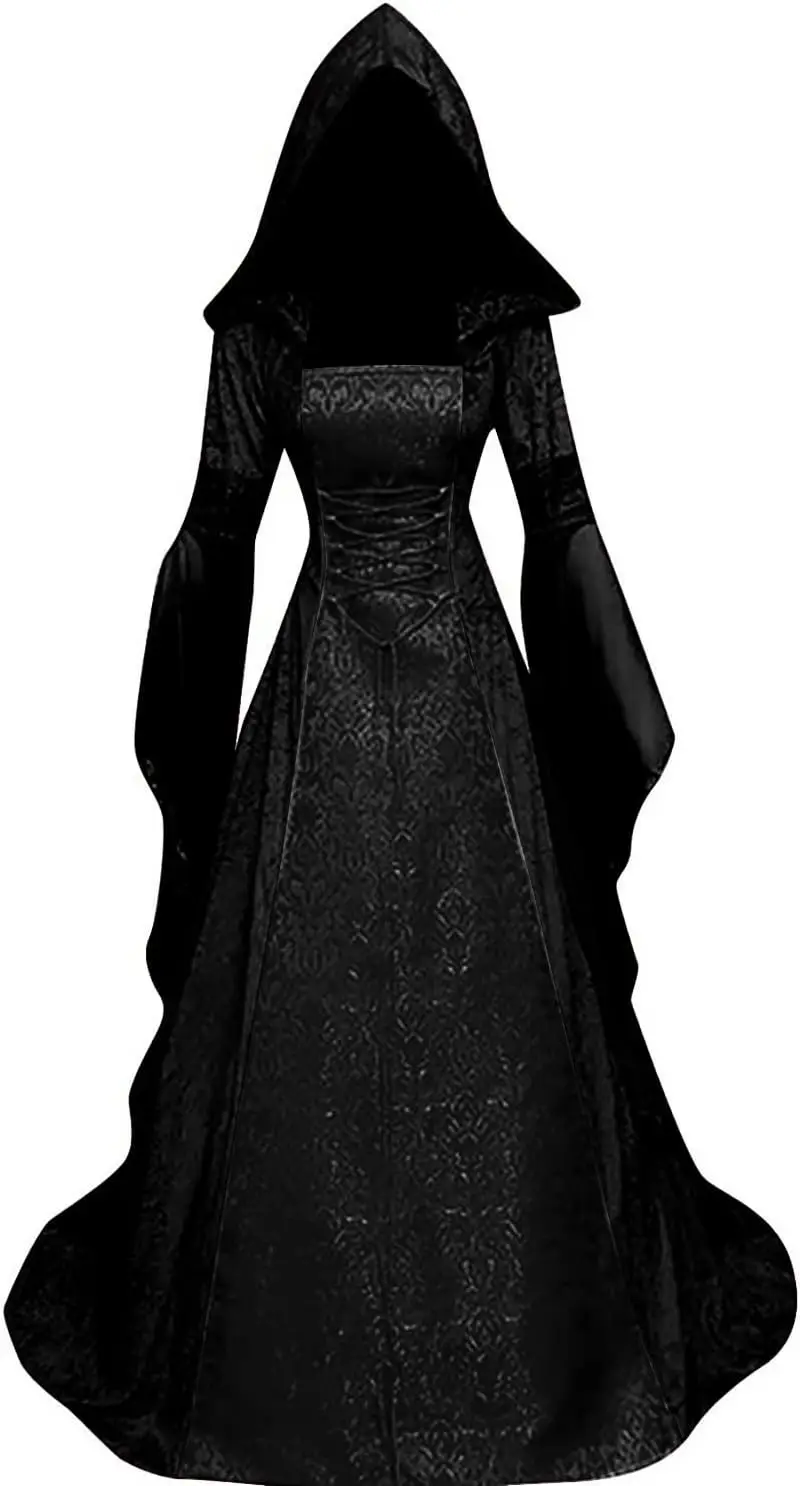 Women Deluxe Witch Dress Costume Vintage Embroidered Renaissance Gothic Hooded Vampire Cosplay Party Gown Dress