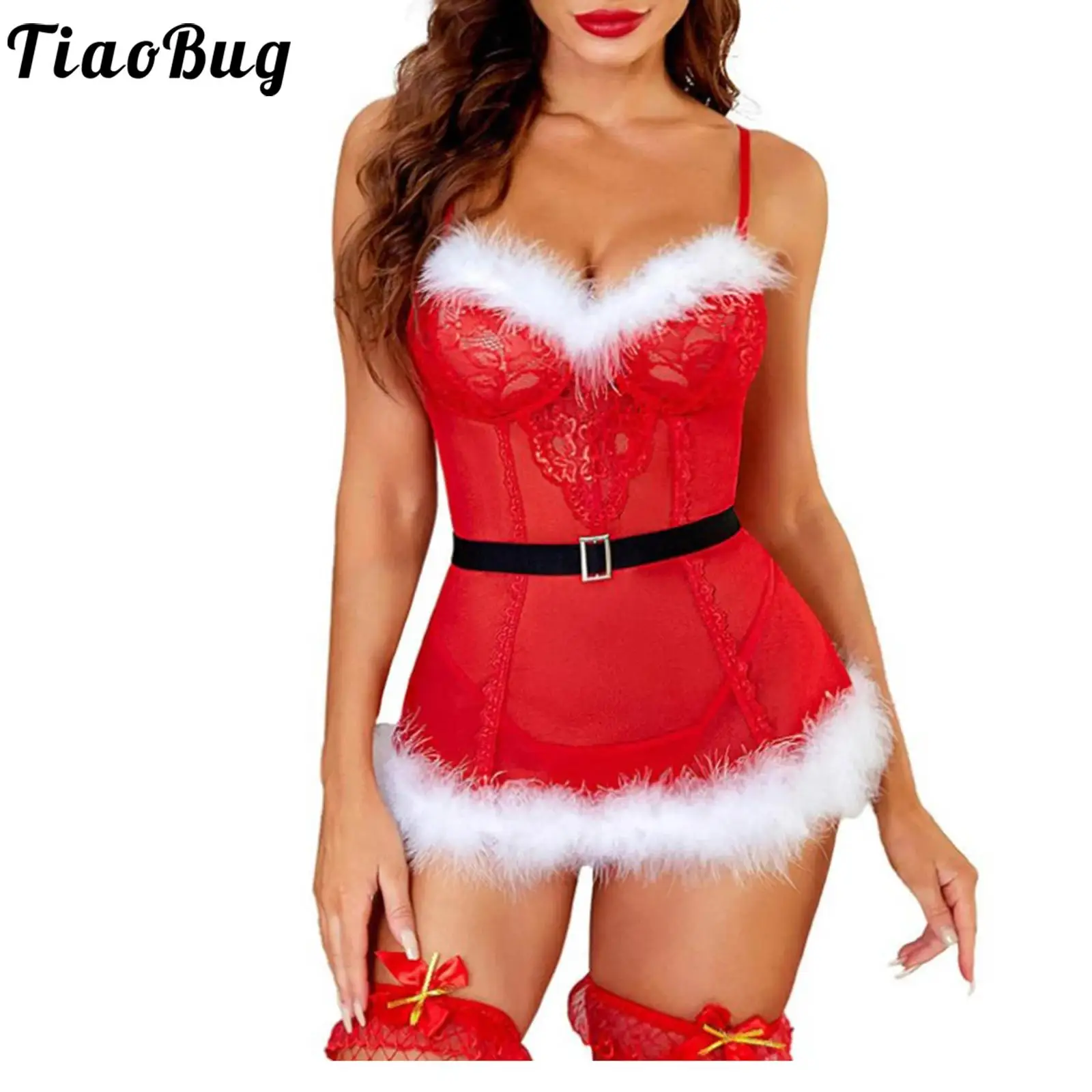 

Womens Christmas Feather Trim Lace Lingerie Dress Spaghetti Strap Push Up Bra Mini Dress Bodysuit for Xmas Dating Night