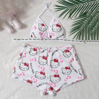 Sanrio Cartoon Hello Kitty Loose Ladies Pajama Suits Womens Sleep Bottoms Lounge Summer Beachwear Home Wear for Women Two-Piece 3