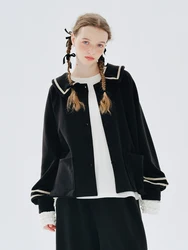 IMAKOKONI original design Autumn Winter long sleeve lapel striped black cardigan single breasted coat top 234350