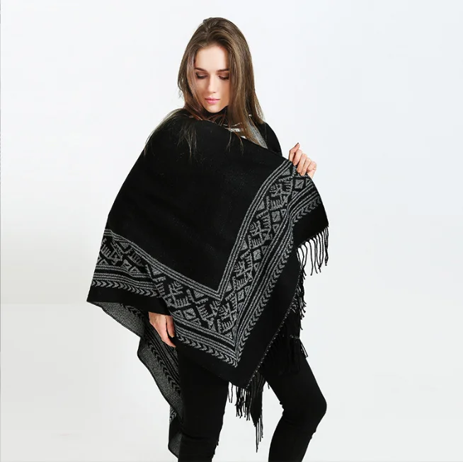 Geometric Pattern Double-sided Tassels European American Fashion Lengthened Imitation Cashmere Office Travel Fork Shawl Black 3d printing new animal series retro tribal horse unicorn pattern women s warm shawl spring and winter small triangle scarf