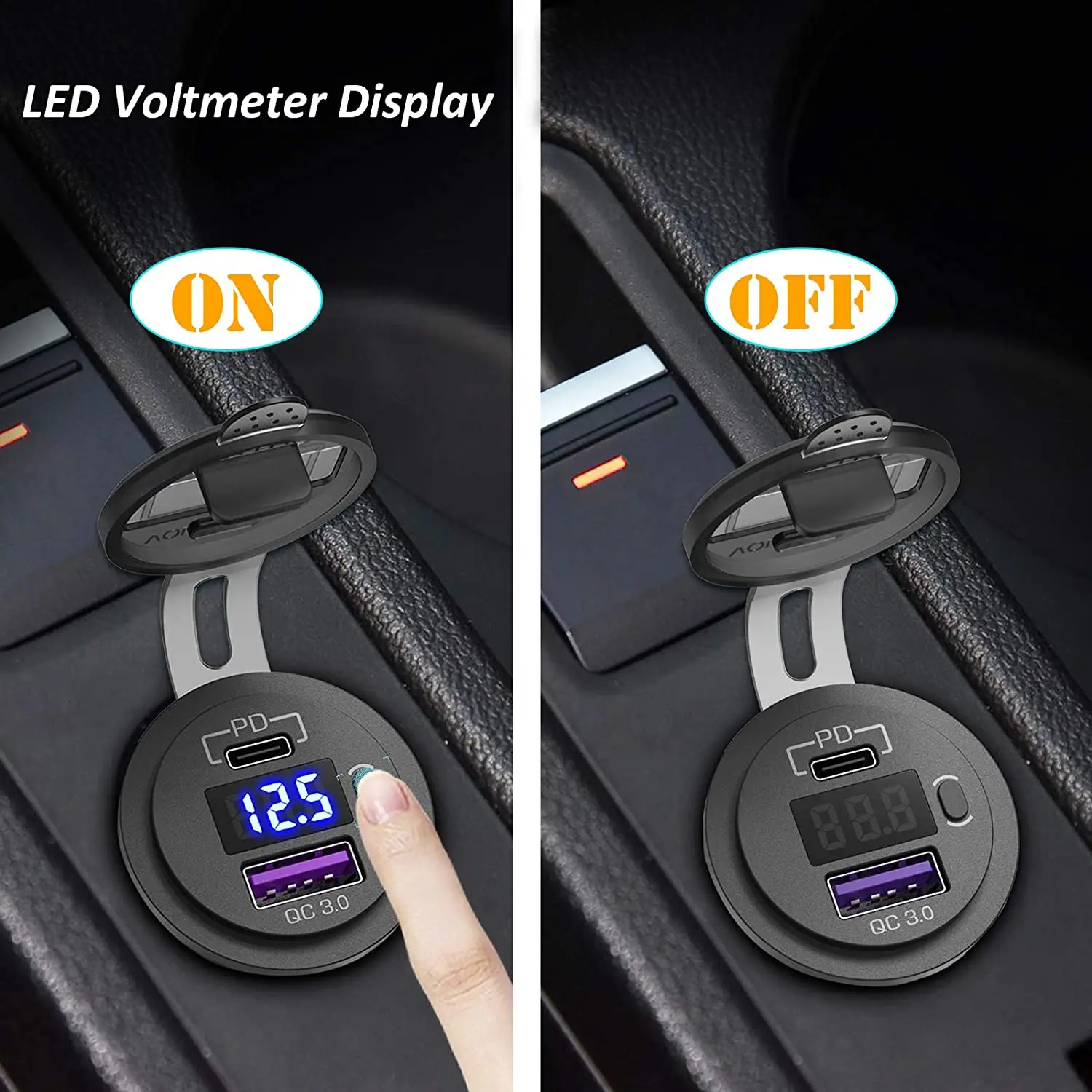 Car Charger USB C 12V/24V Dual Socket PD3.0 QC3.0 with LED Voltmeter On/Off Switch