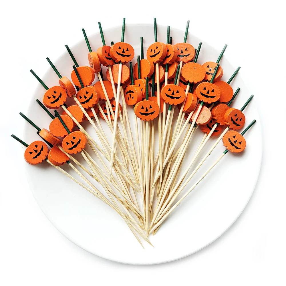 100 Stücke Halloween Kürbis Bambus Spieße Obst Gabel Dessert Salat Gemüse Einweg Sticks Zahnstocher Spieß Halloween Decor – Detail 23