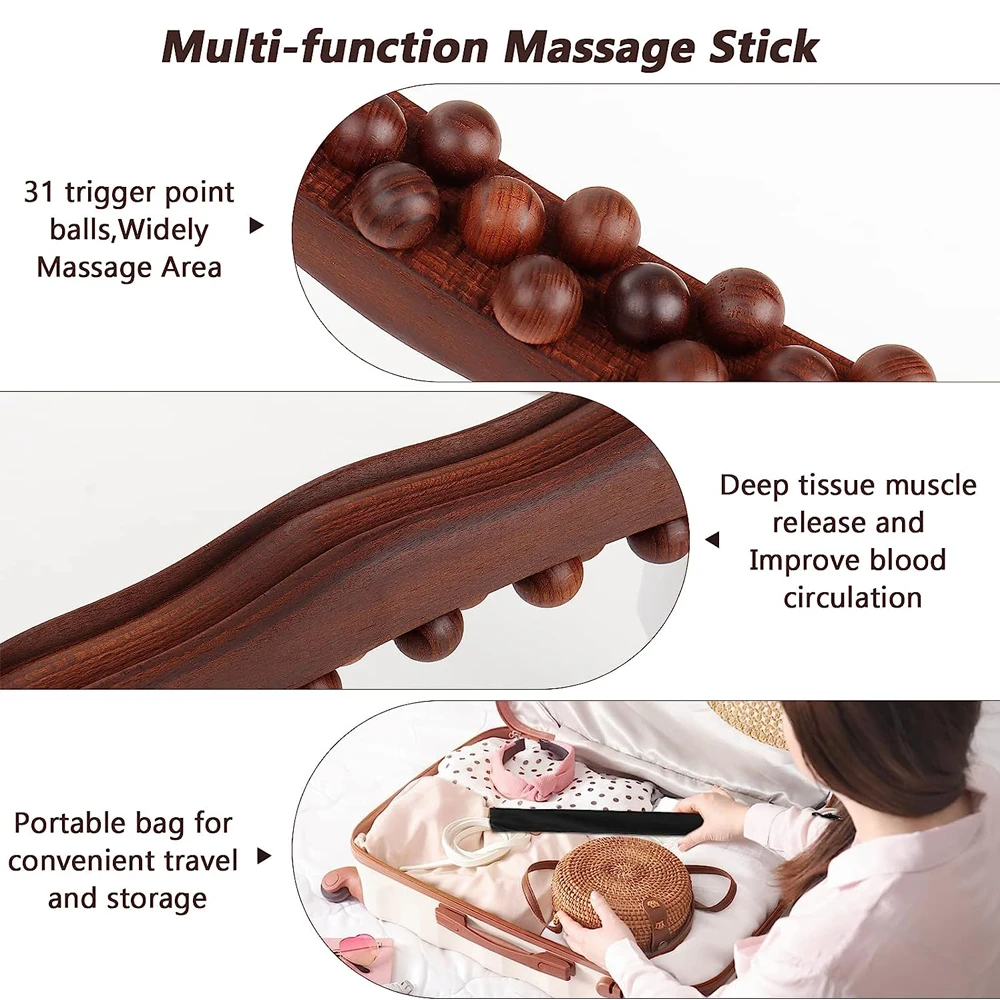 Guasha Wood Stick Tool Wood Therapy Massage Tool for Body Shaping 31 Beads Back Massage Roller Stick Lymphatic Drainage Massager