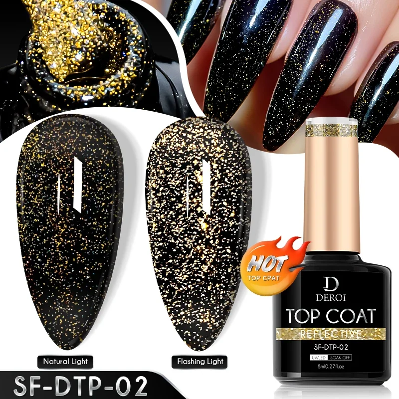DEROI Auroral Flash Top Coat for Nail Art Manicure No Wipe Dot Top Coat Laser Glitter Topcoat Varnish Seal UV Gel Polish 8ml 2