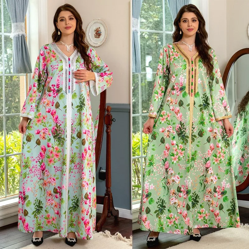 

Muslim Robe New Printed Rhinestones Dress Middle East Women's Clothing