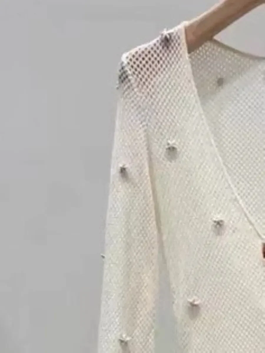 

Women's Flower Decoration Hollow Out Ring V-Neck Long Sleeve Elastic Waist Elegant Knit Midi Dress