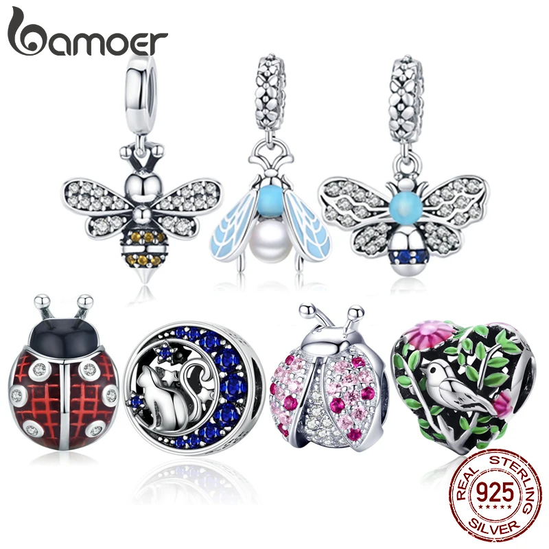 

bamoer Ladybug Metal Beads for Women Jewelry Making 925 Sterling Silver Red Enamel Charm fit Original Bracelet DIY SCC1481